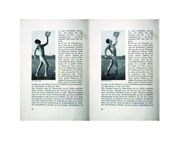 Erez Israeli, Human and the Sun (or show your jewish body to the world), 2014, 1 of 6 C-Prints, 42 x 59,4 cm | © Erez Israeli Das Bild zeigt den Künstler Erez Israeli in der Pose eines NS-Propagandafotos zur Rassenideologie. | © Erez Israeli