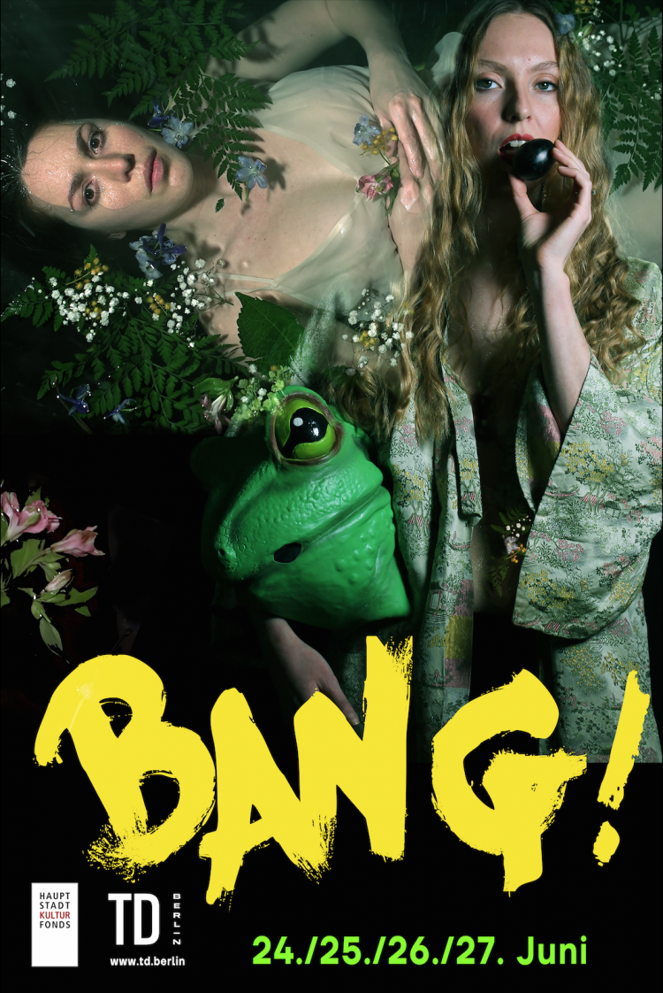 BANG! von Glossy Pain und Ensemble | © Sebastian Pircher Das Plakat zur Veranstaltung - wir sehen Claude Breton-Potvin als Ophelia und Riah Knight als Judith ein schwarzes Ei essend. | © Sebastian Pircher